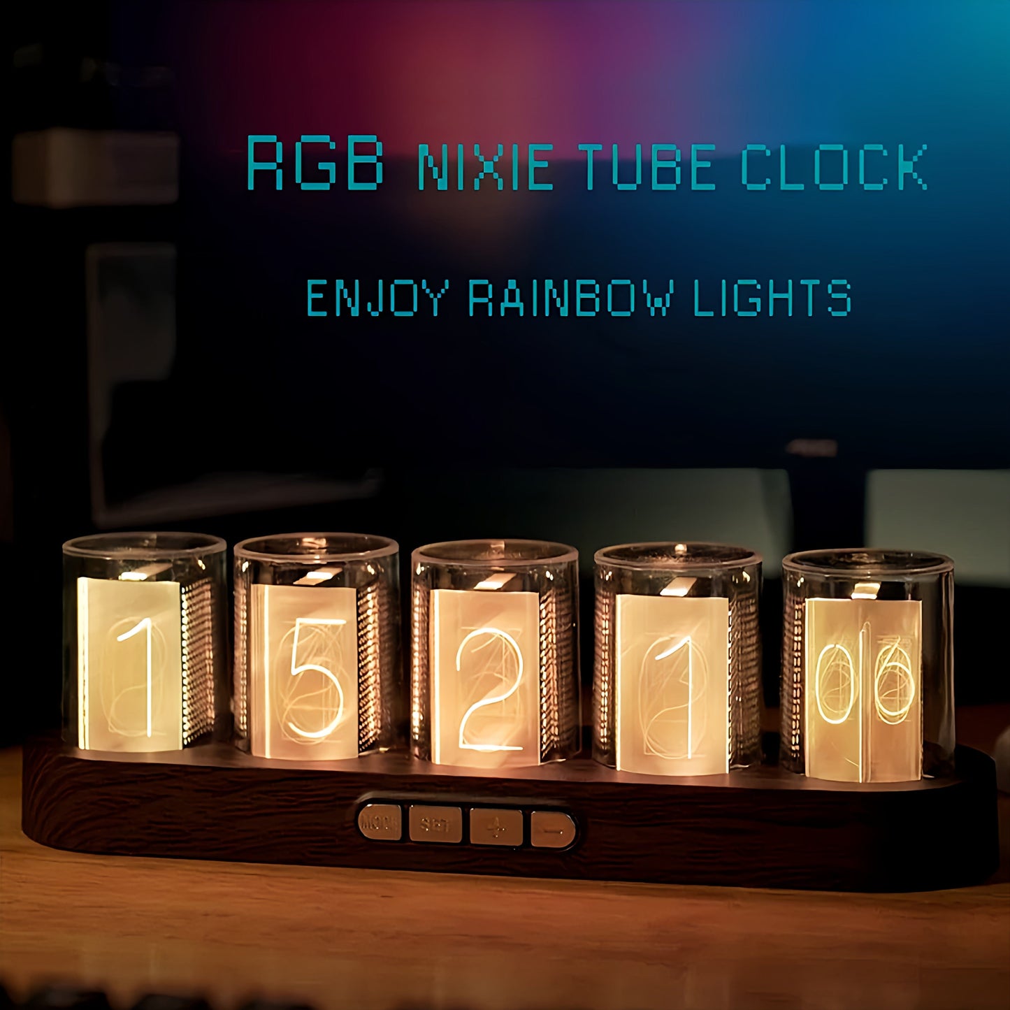 Horloge nixie RGB | Avenue de l'horloge couleur bois